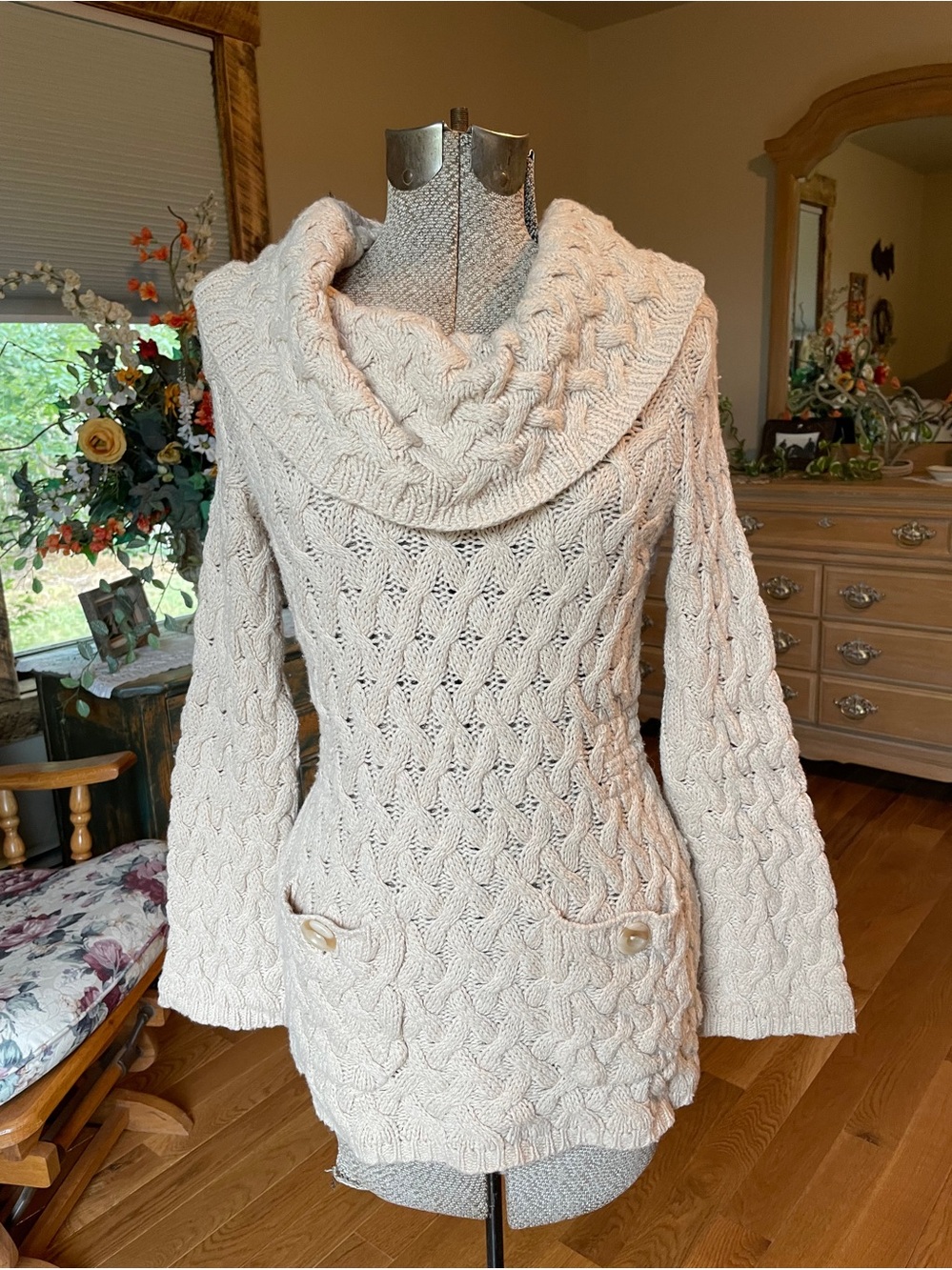 Sparrow Cozy Cable-Knit Cowl Neck Sweater - Cream